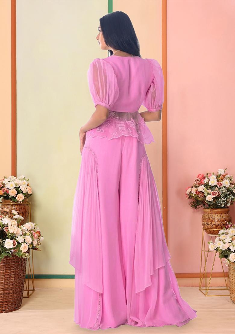Pink Organza Embroidered Handwork Fusion Set - Indya
