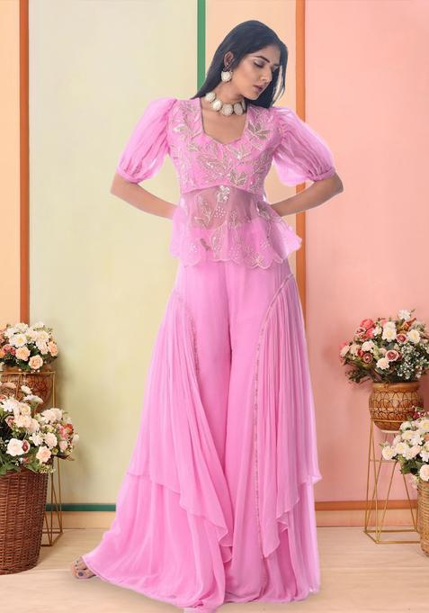 Pink Organza Embroidered Handwork Fusion Set