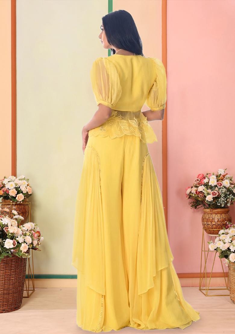 Yellow Organza Embroidered Handwork Fusion Set - Indya