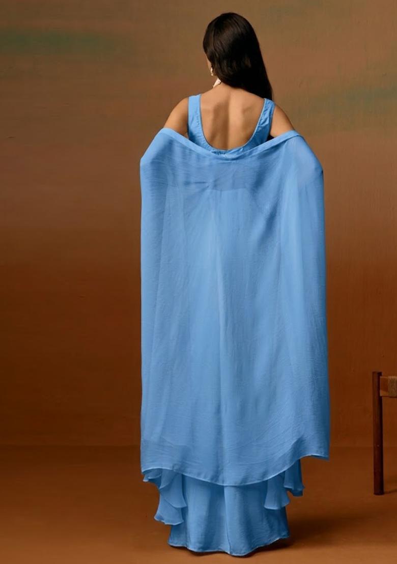 Sky Blue Crepe Embroidered Handwork Fusion Set - Indya