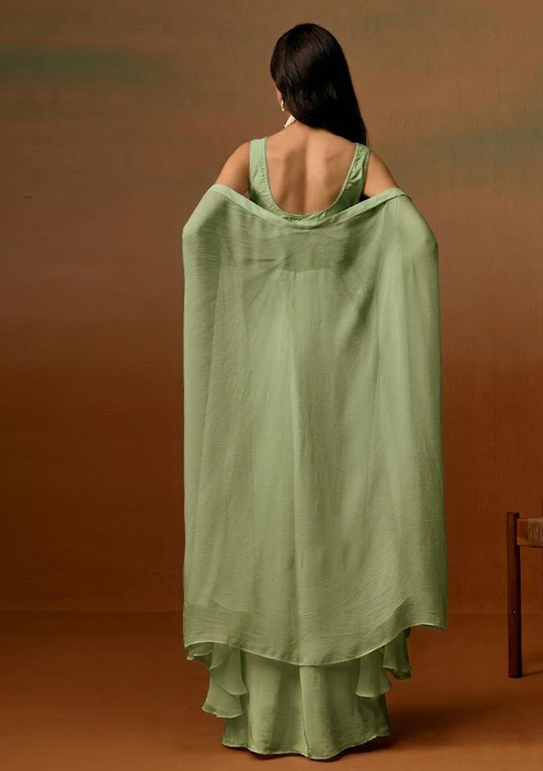 Green Crepe Embroidered Handwork Fusion Set - Indya
