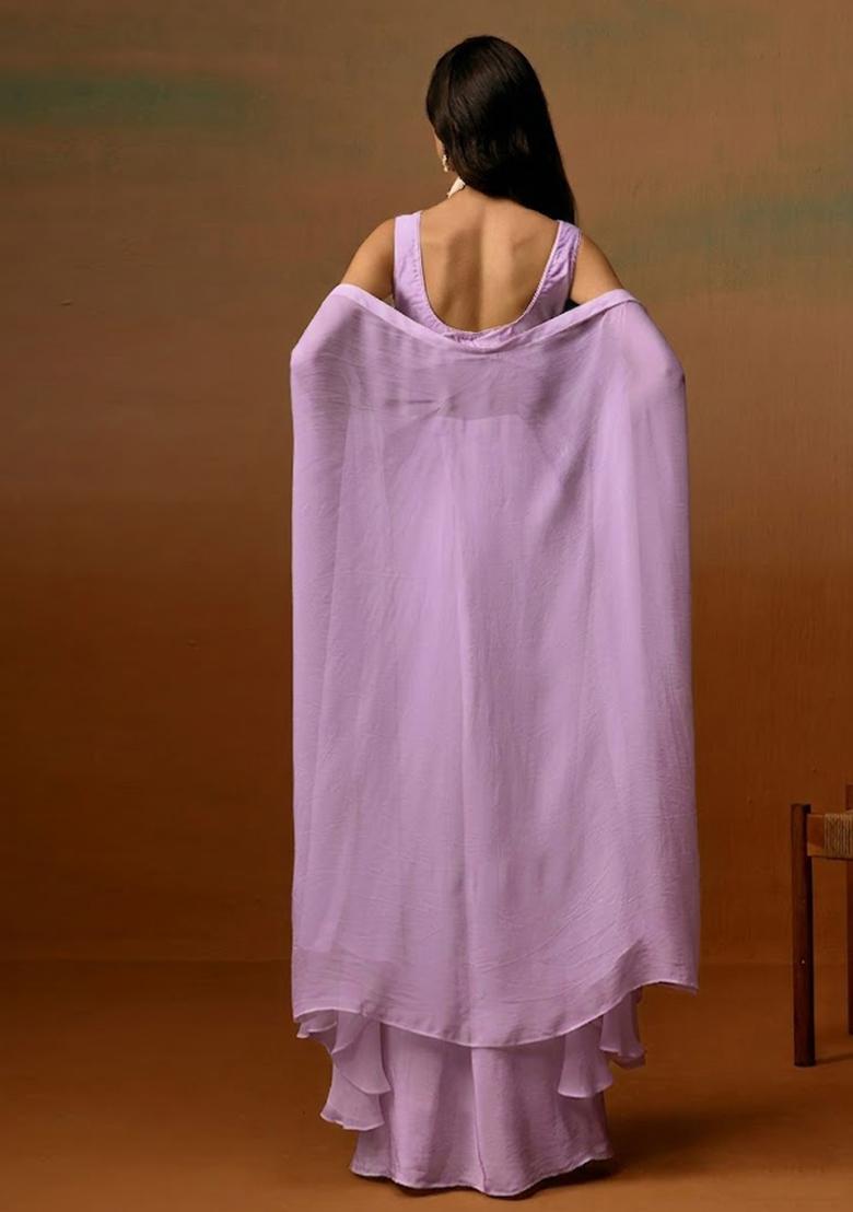 Lavender Crepe Embroidered Handwork Fusion Set - Indya
