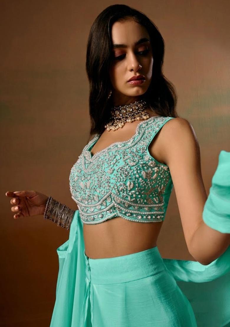 Mint Crepe Embroidered Handwork Fusion Set - Indya