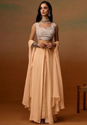 Tan Crepe Embroidered Handwork Fusion Set