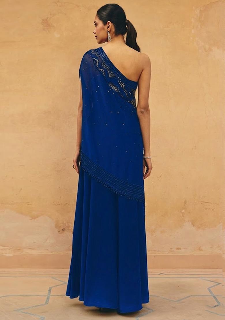 Blue Crepe Embroidered Handwork Fusion Set - Indya