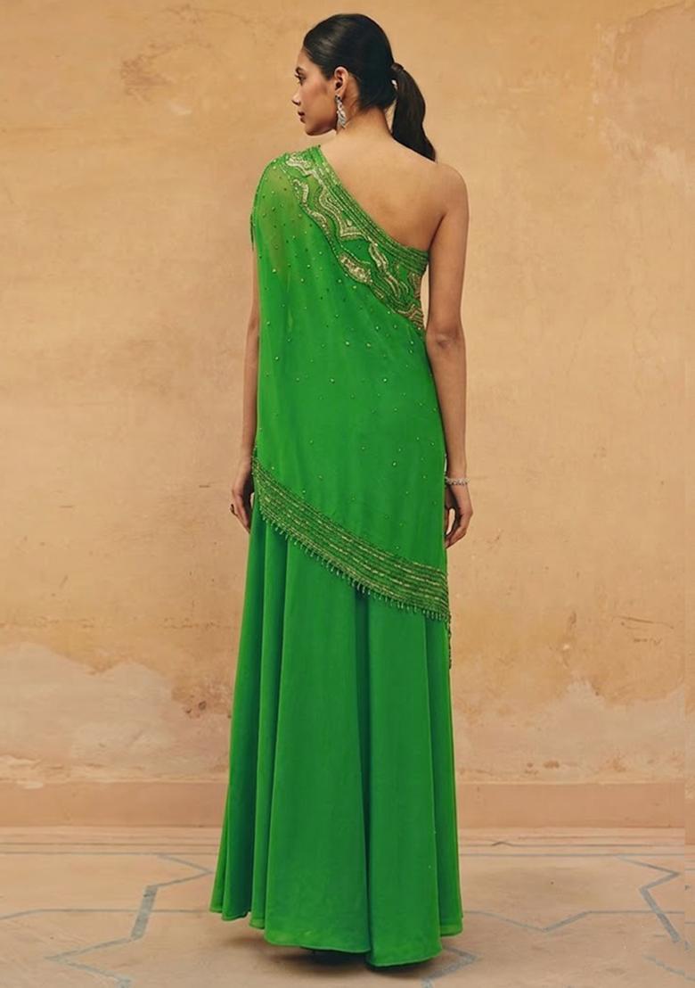 Green Crepe Embroidered Handwork Fusion Set - Indya