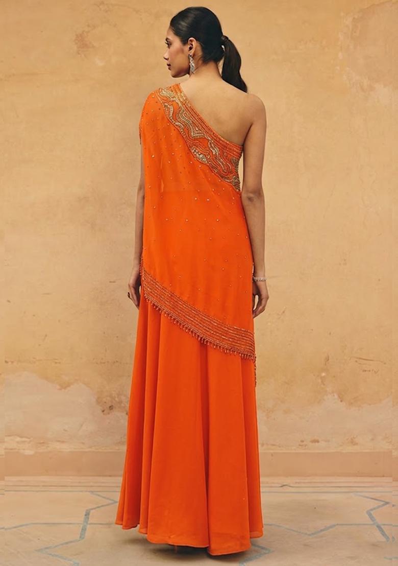 Orange Crepe Embroidered Handwork Fusion Set - Indya