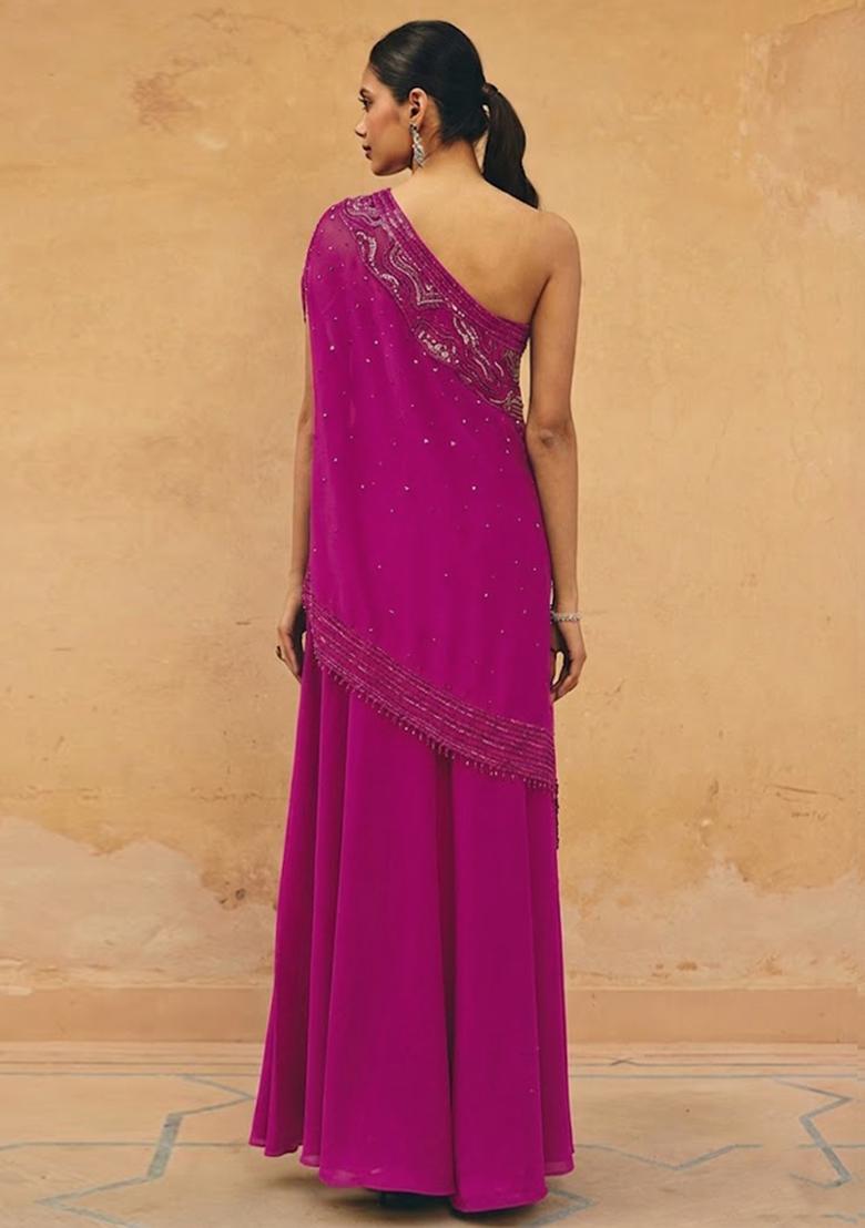 Pink Crepe Embroidered Handwork Fusion Set - Indya