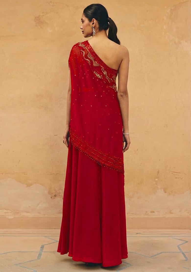 Red Crepe Embroidered Handwork Fusion Set - Indya