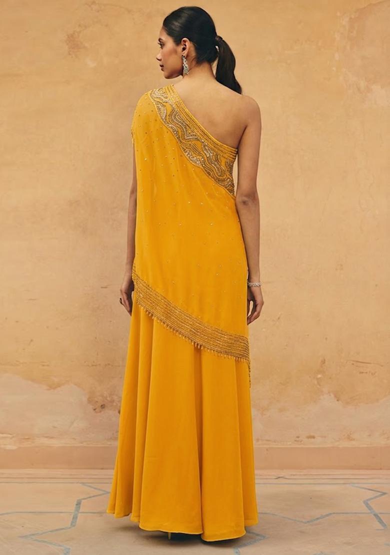 Yellow Crepe Embroidered Handwork Fusion Set - Indya