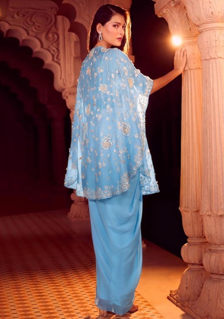 Sky Blue Chinon Embroidered Handwork Fusion Set - Indya