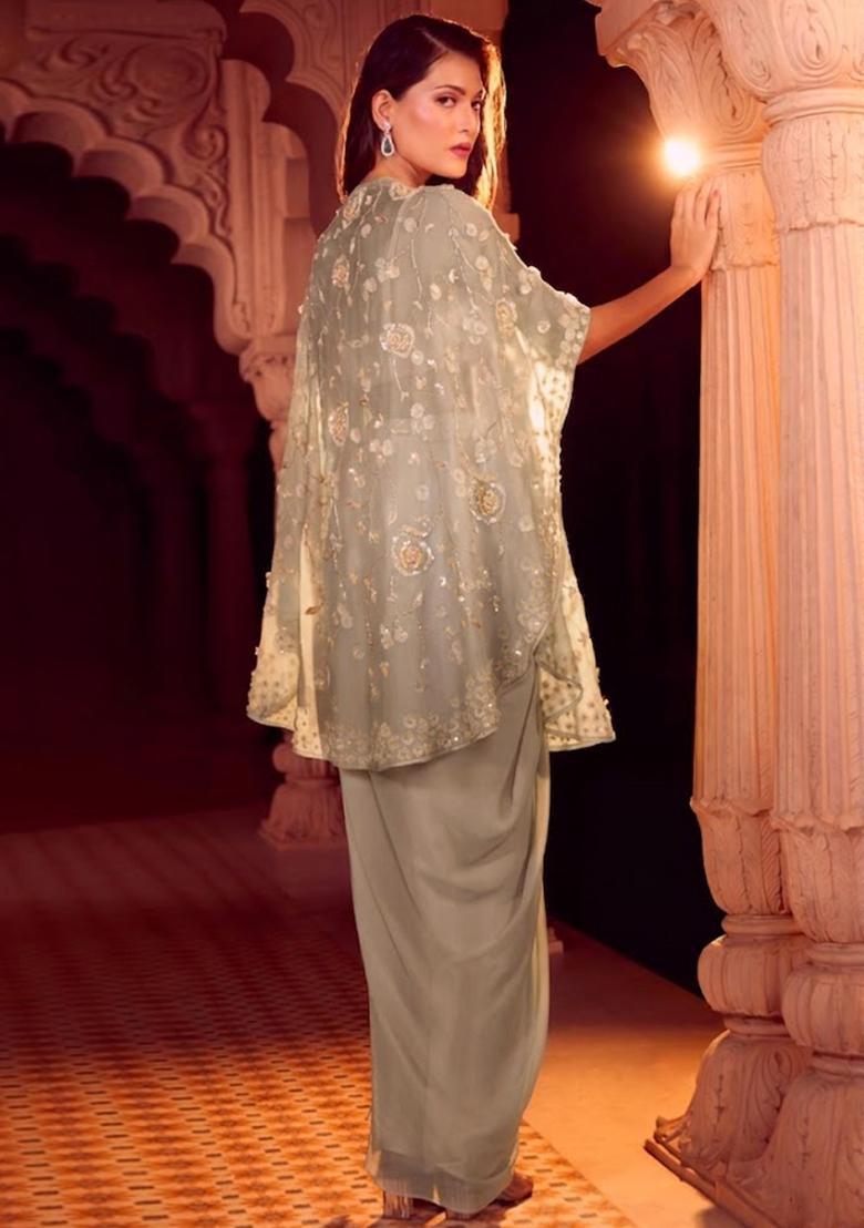 Grey Chinon Embroidered Handwork Fusion Set - Indya