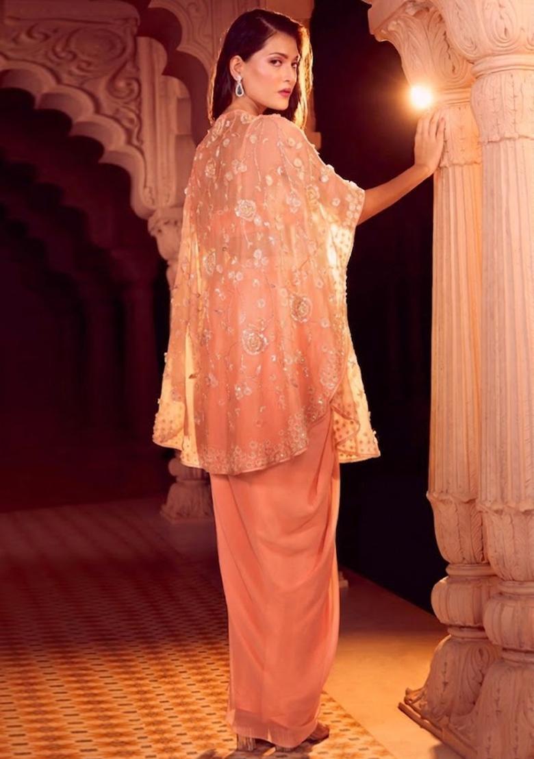 Peach Chinon Embroidered Handwork Fusion Set - Indya