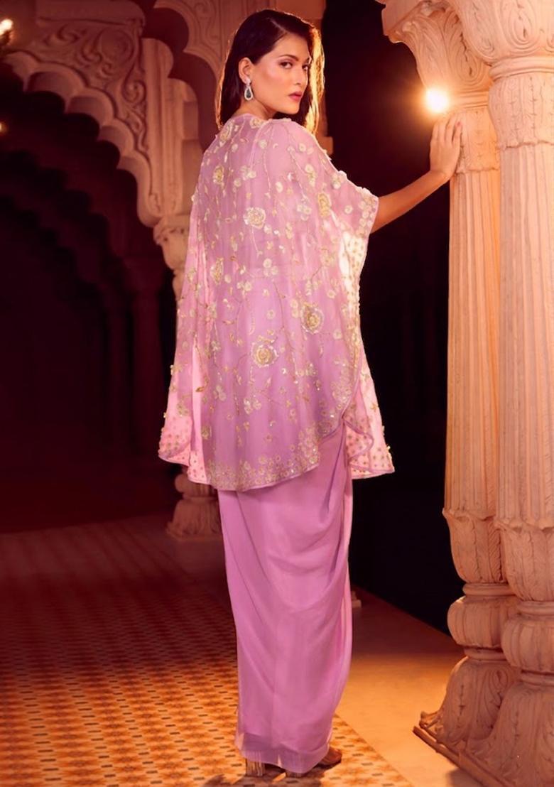 Pink Chinon Embroidered Handwork Fusion Set - Indya