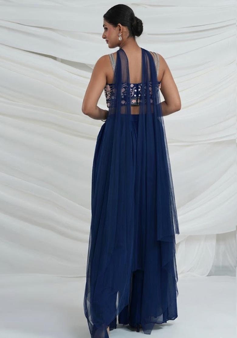 Navy Blue Georgette Embroidered Handwork Fusion Set - Indya