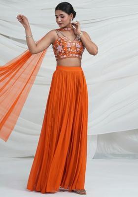 Orange Georgette Embroidered Handwork Fusion Set