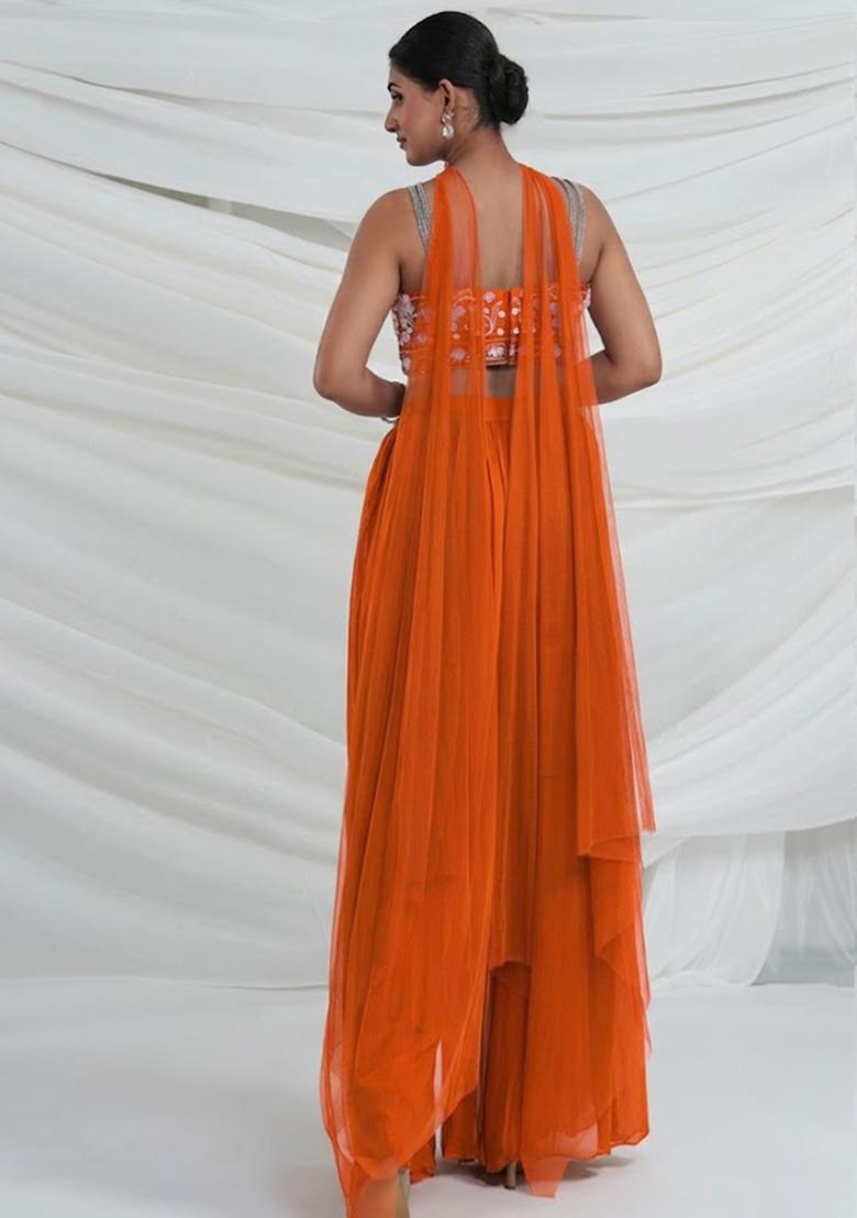 Orange Georgette Embroidered Handwork Fusion Set - Indya