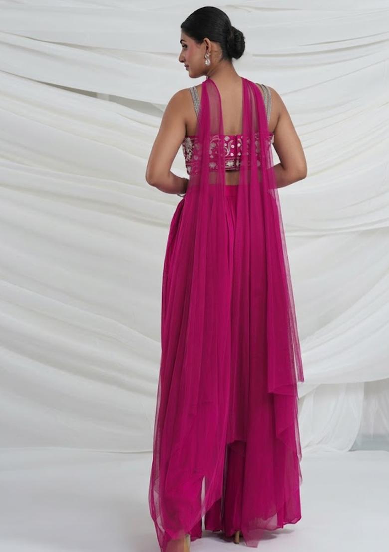 Pink Georgette Embroidered Handwork Fusion Set - Indya