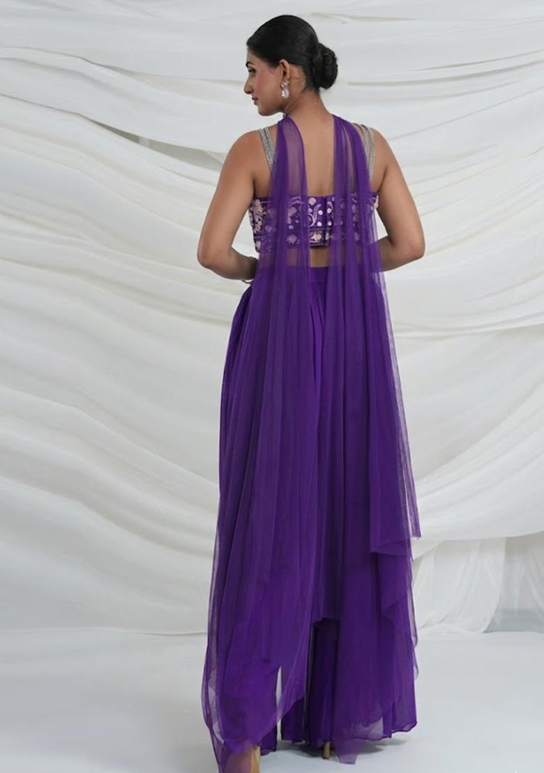 Purple Georgette Embroidered Handwork Fusion Set - Indya