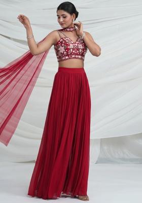 Red Georgette Embroidered Handwork Fusion Set