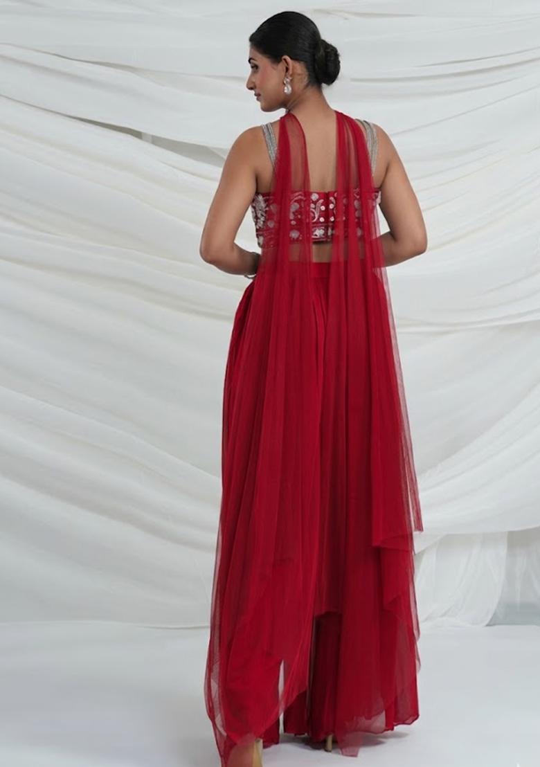 Red Georgette Embroidered Handwork Fusion Set - Indya