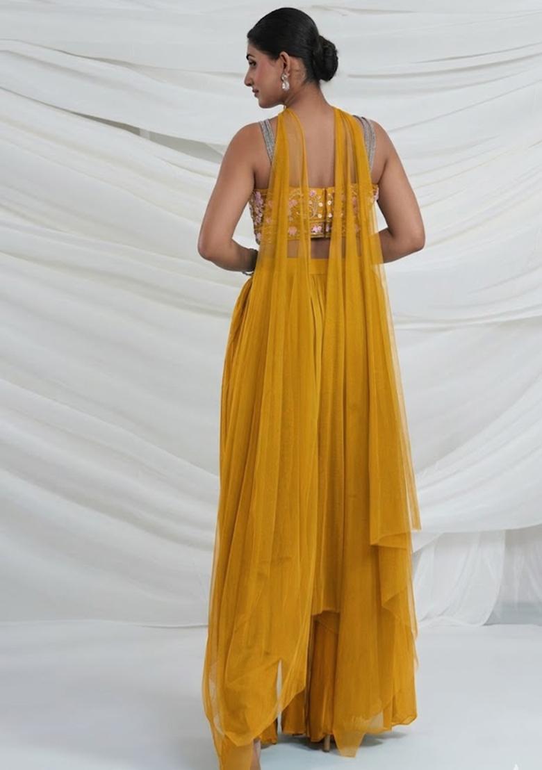 Yellow Georgette Embroidered Handwork Fusion Set - Indya