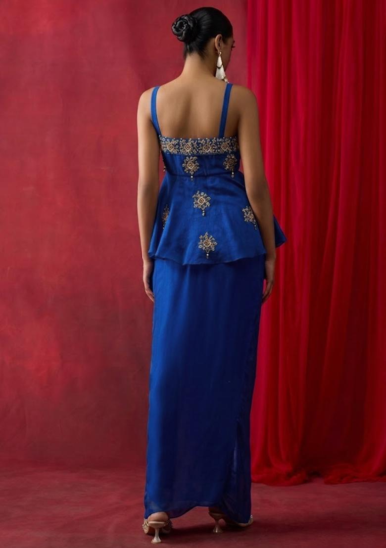 Royal Blue Satin Embroidered Handwork Pre Draped Saree Set - Indya