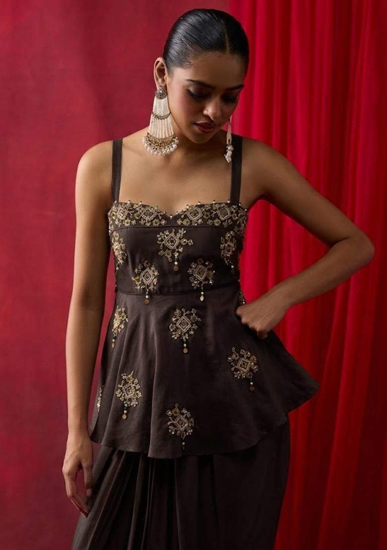 Brown Satin Embroidered Handwork Pre Draped Saree Set - Indya