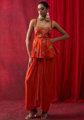 Orange Satin Embroidered Handwork Pre Draped Saree Set