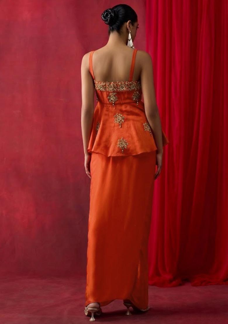 Orange Satin Embroidered Handwork Pre Draped Saree Set - Indya