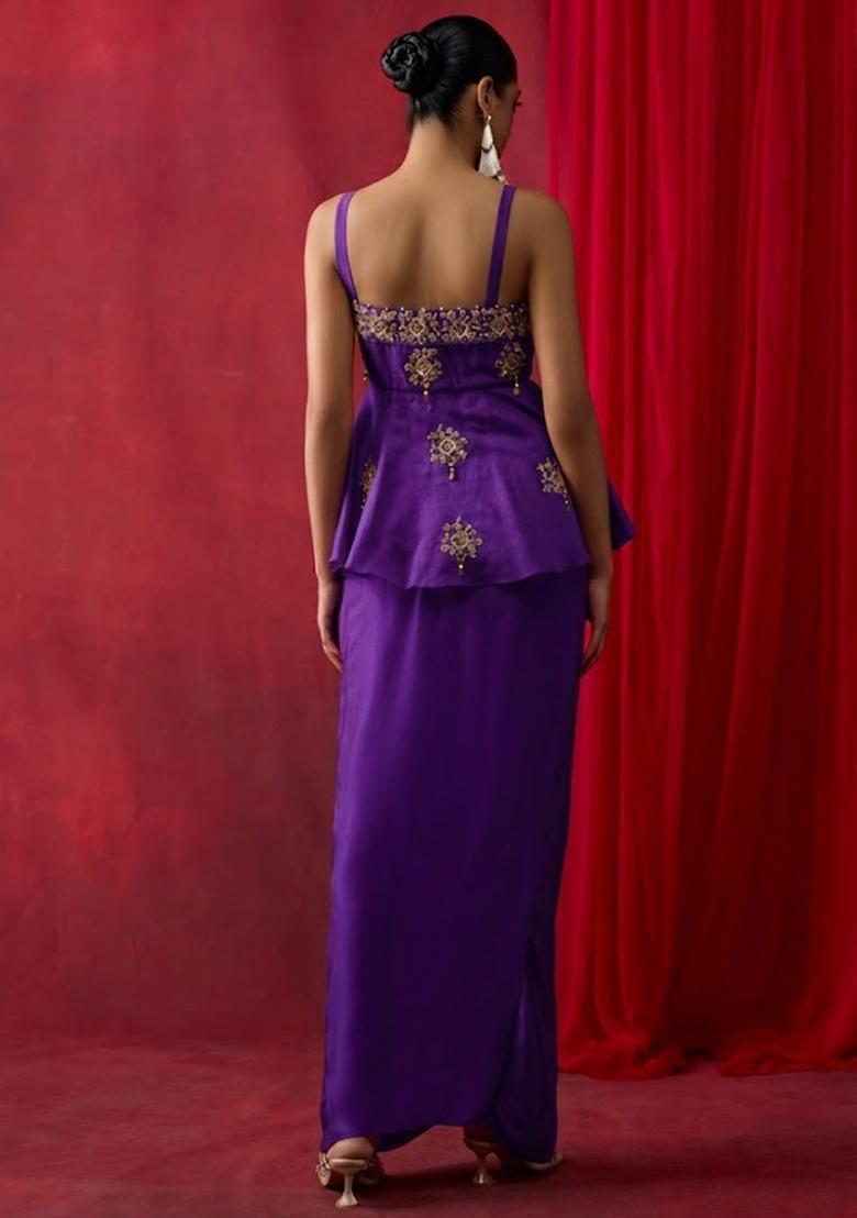 Purple Satin Embroidered Handwork Pre Draped Saree Set - Indya