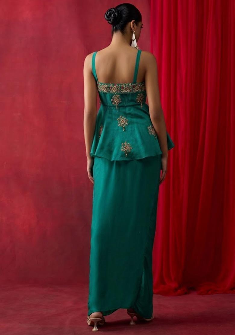 Teal Satin Embroidered Handwork Pre Draped Saree Set - Indya