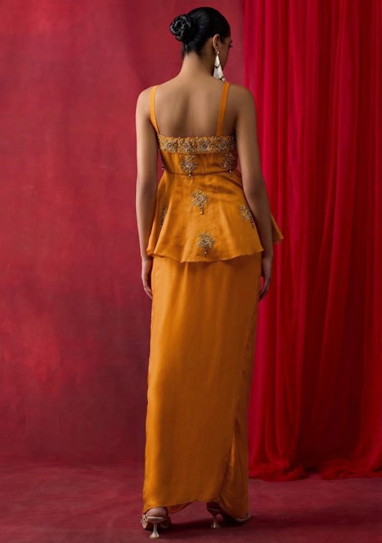 Yellow Satin Embroidered Handwork Pre Draped Saree Set - Indya