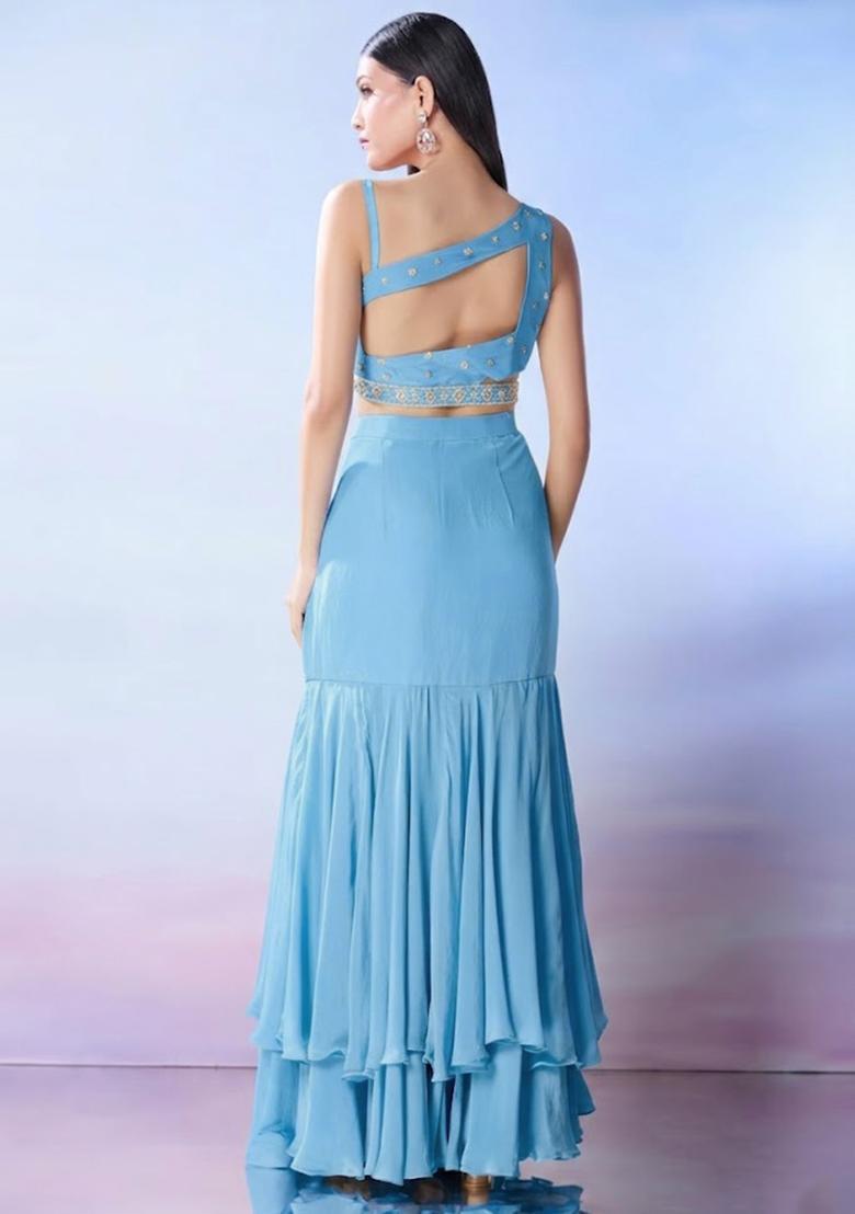 Sky Blue Georgette Embellished Handwork Fusion Set - Indya