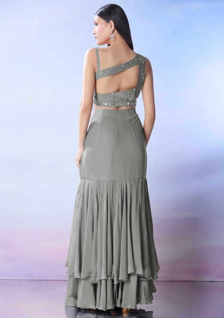 Grey Georgette Embellished Handwork Fusion Set - Indya