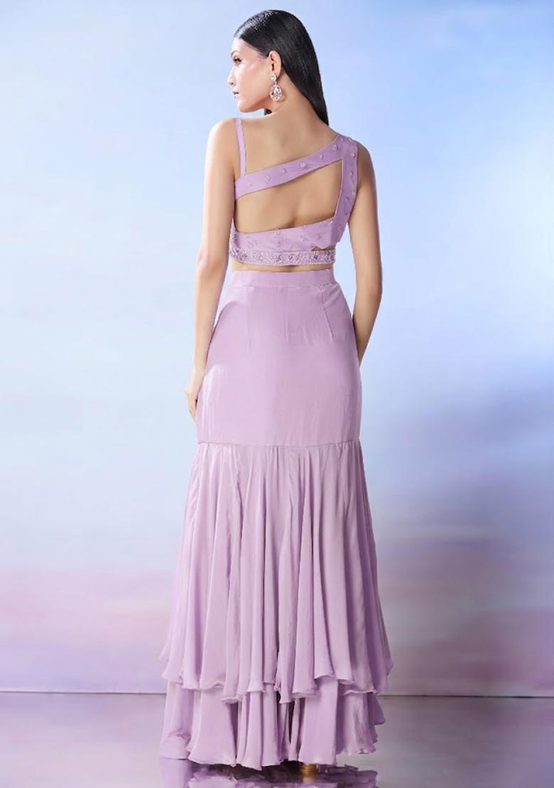Lavender Georgette Embellished Handwork Fusion Set - Indya