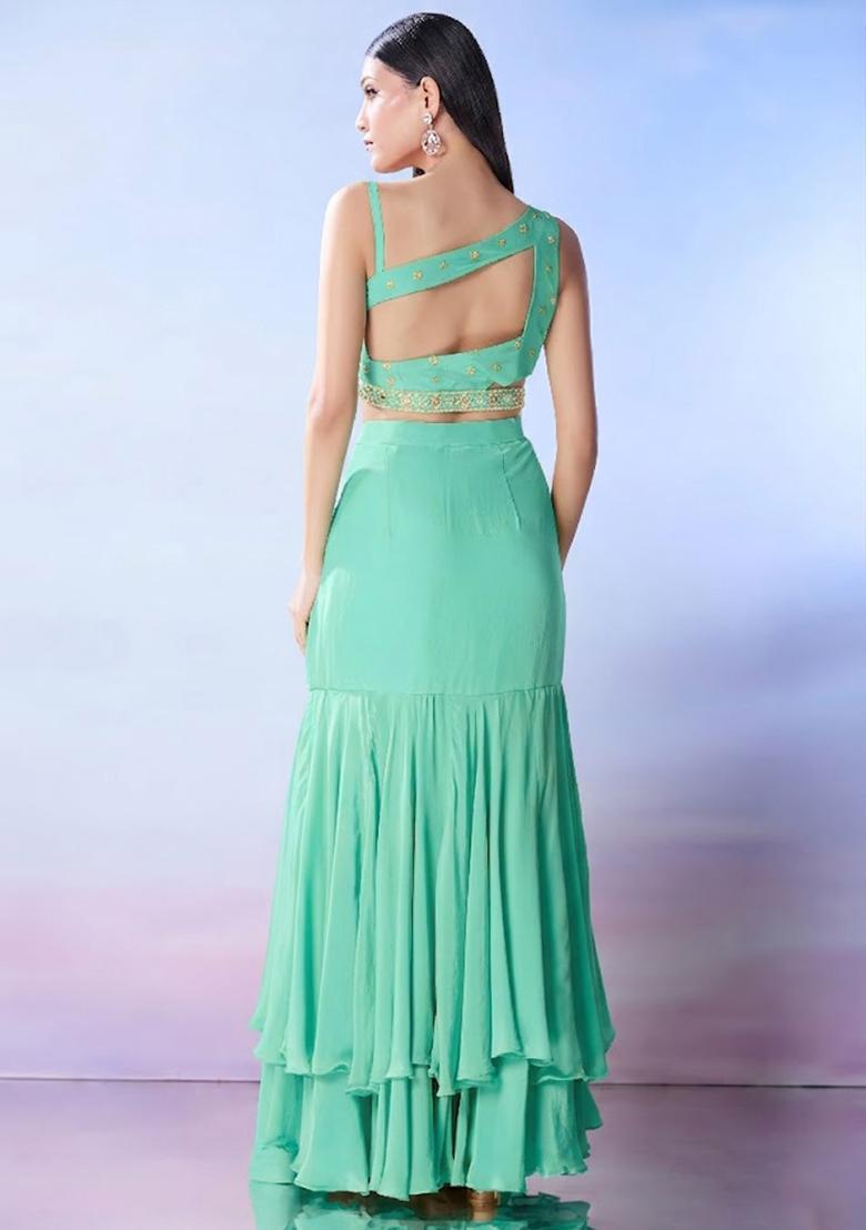 Mint Georgette Embellished Handwork Fusion Set - Indya
