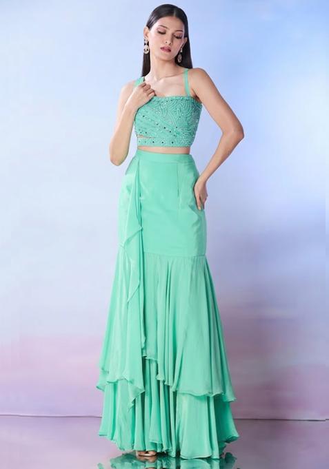 Mint Georgette Embellished Handwork Fusion Set