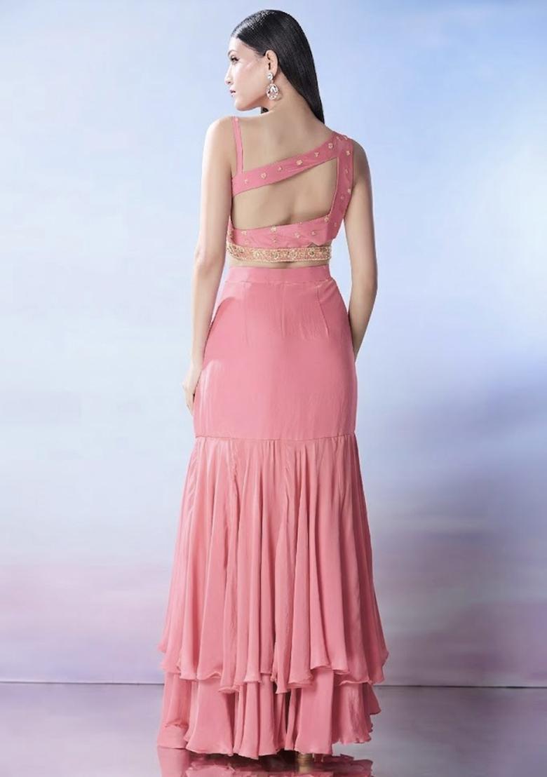 Pink Georgette Embellished Handwork Fusion Set - Indya