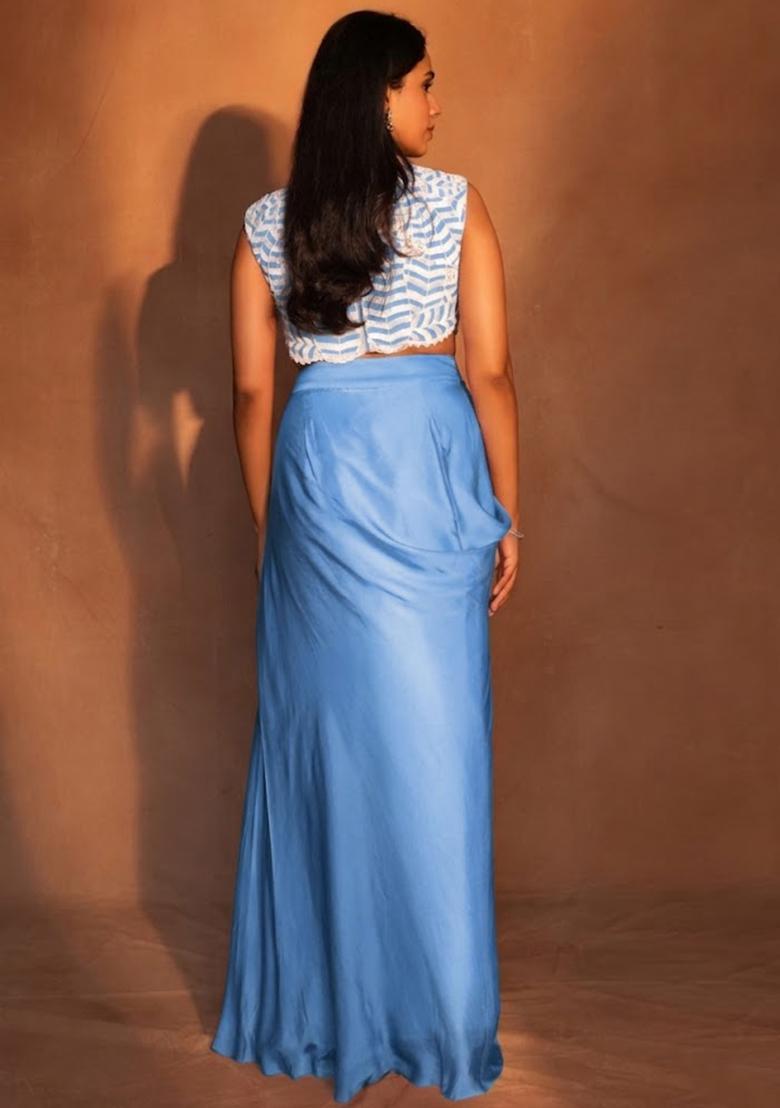 Sky Blue Satin Embroidered Handwork Fusion Set - Indya