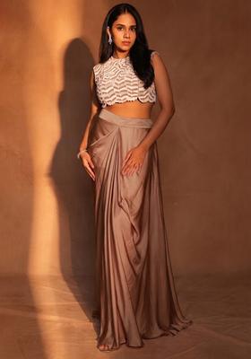 Brown Satin Embroidered Handwork Fusion Set