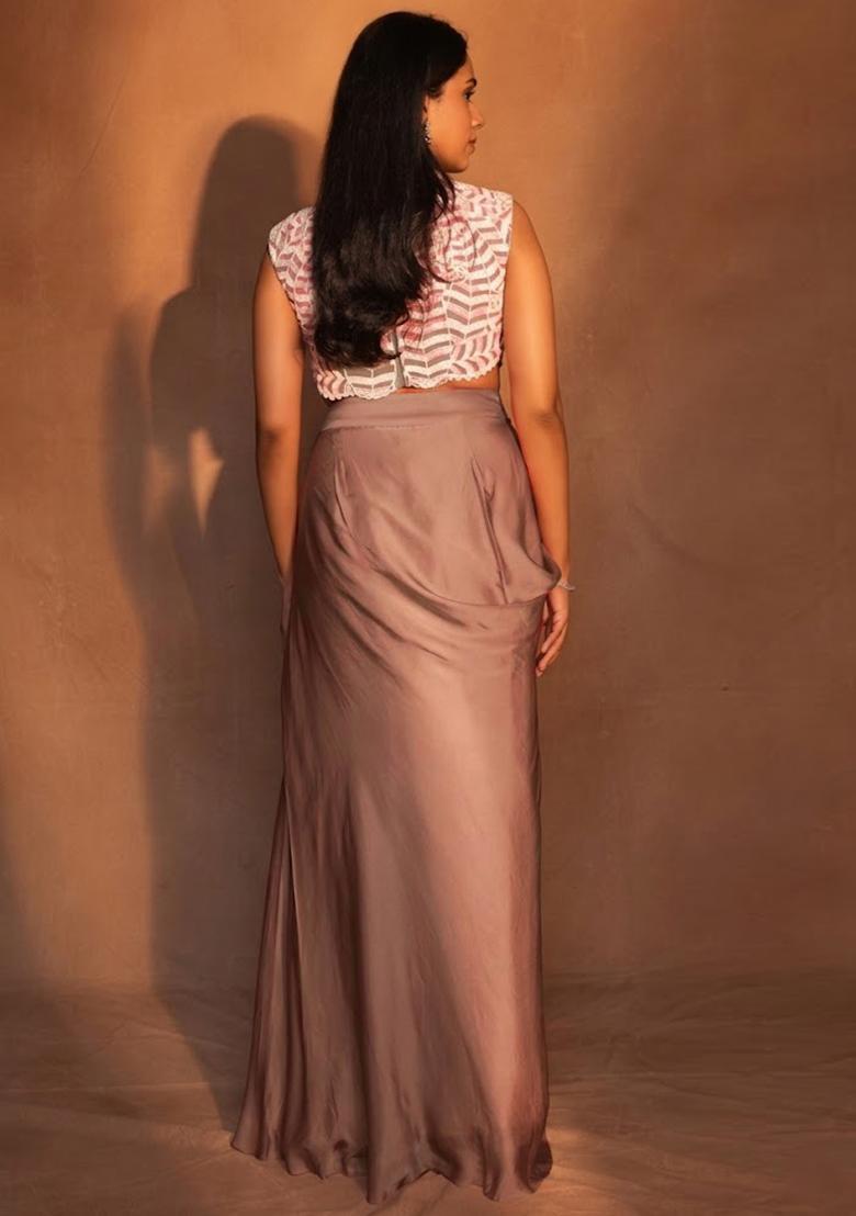 Brown Satin Embroidered Handwork Fusion Set - Indya
