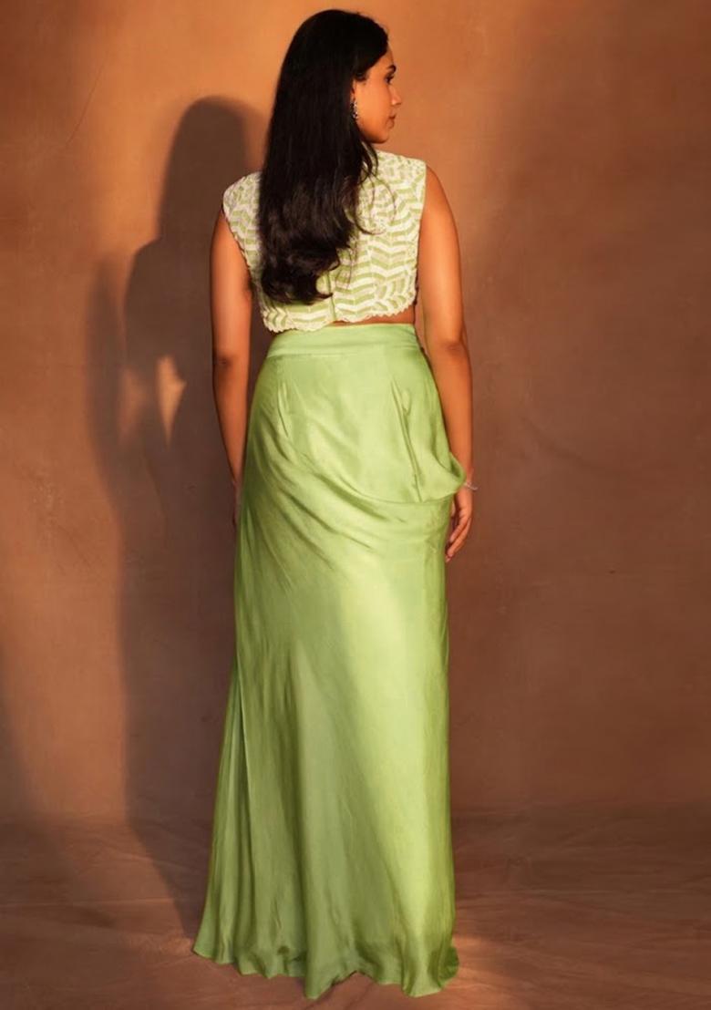 Green Satin Embroidered Handwork Fusion Set - Indya
