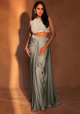 Grey Satin Embroidered Handwork Fusion Set