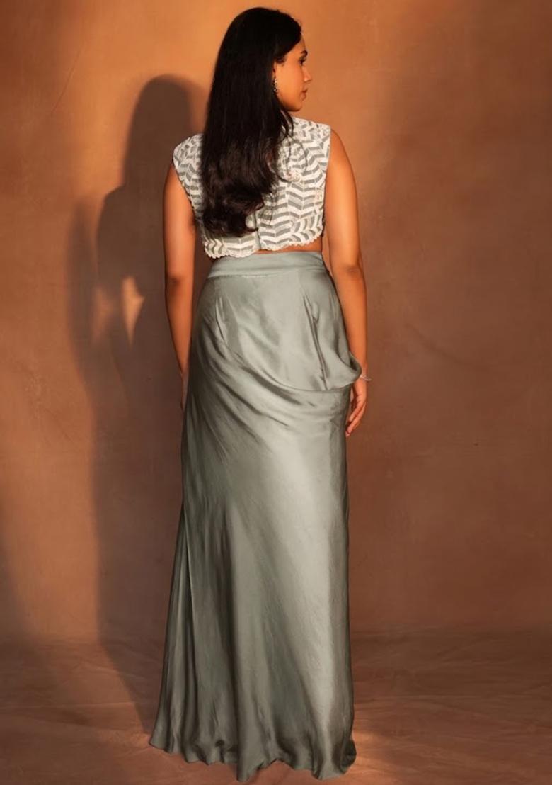 Grey Satin Embroidered Handwork Fusion Set - Indya
