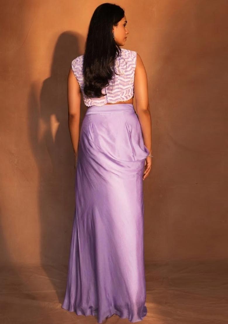 Lavender Satin Embroidered Handwork Fusion Set - Indya