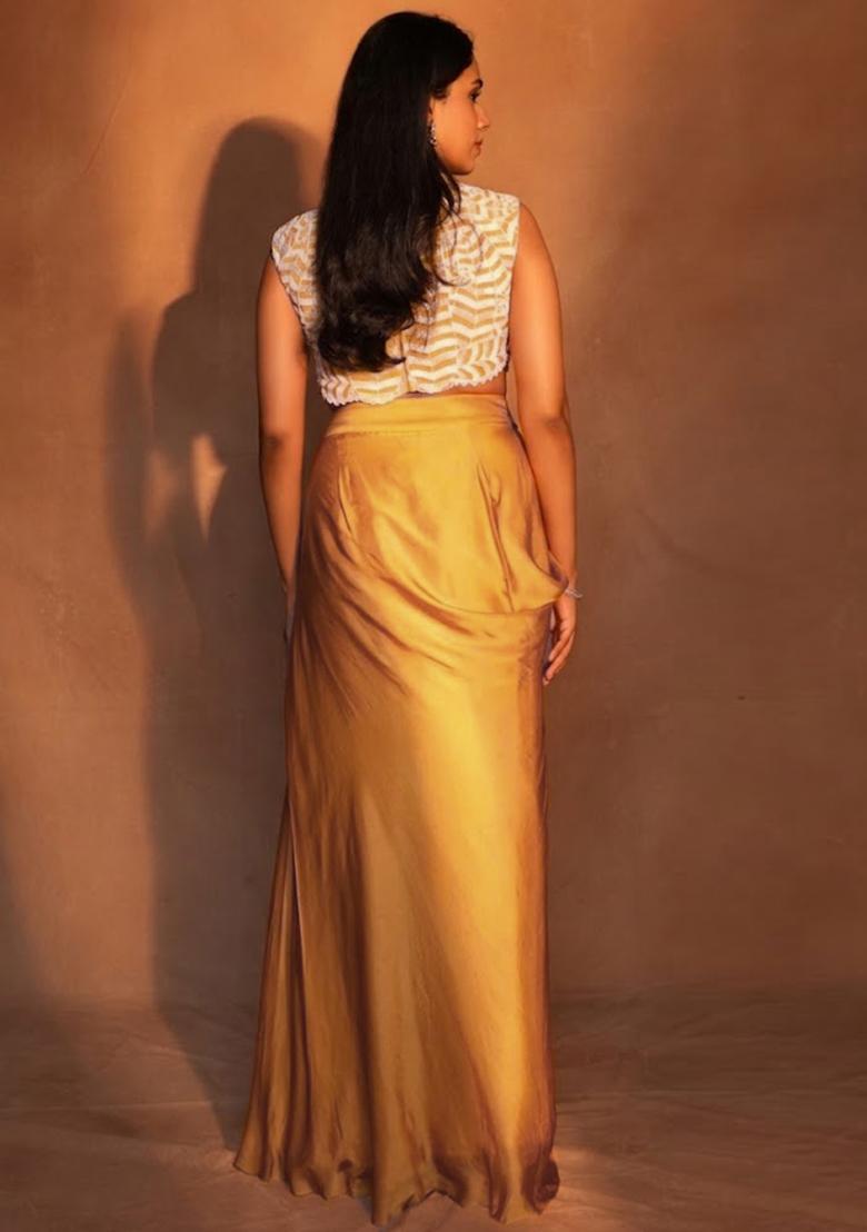 Yellow Satin Embroidered Handwork Fusion Set - Indya