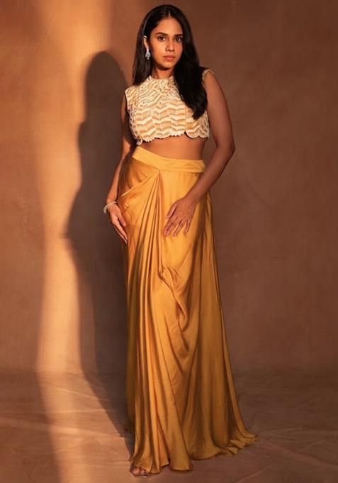Yellow Satin Embroidered Handwork Fusion Set