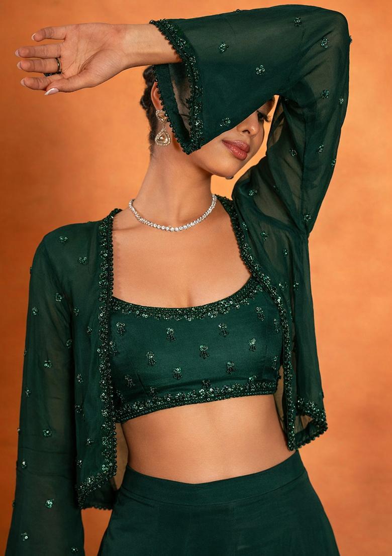 Bottle Green Chinon Embroidered Handwork Fusion Set - Indya