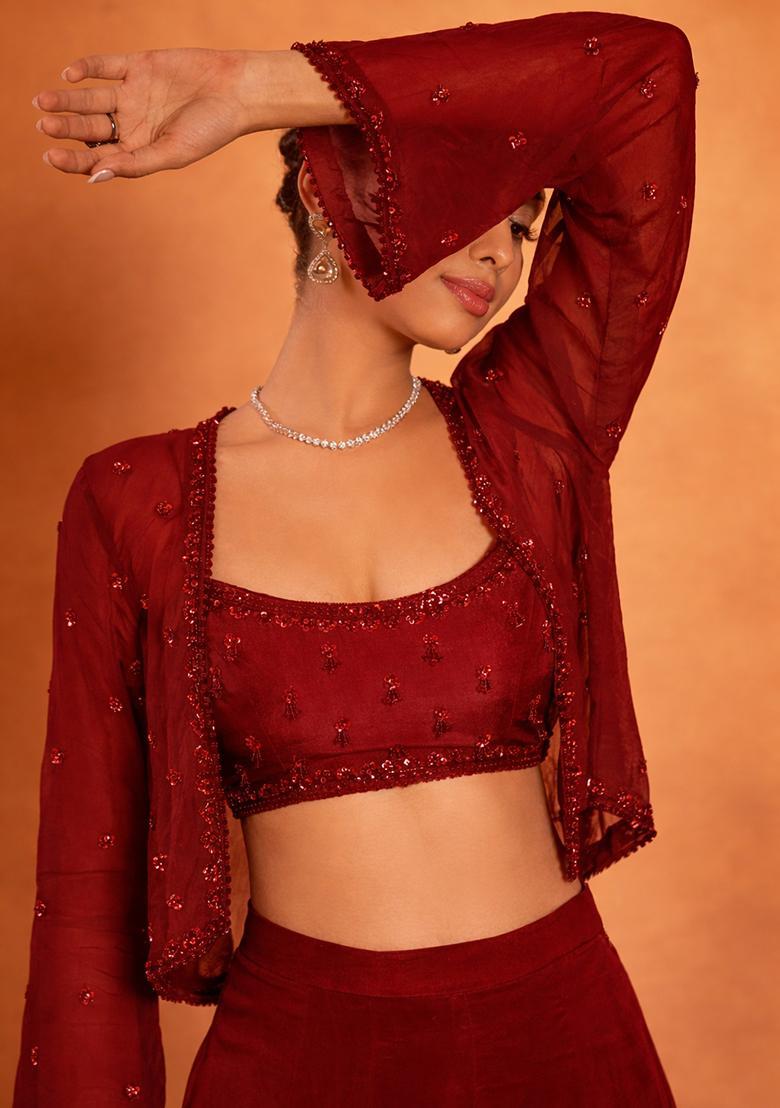 Blood Red Chinon Embroidered Handwork Fusion Set - Indya